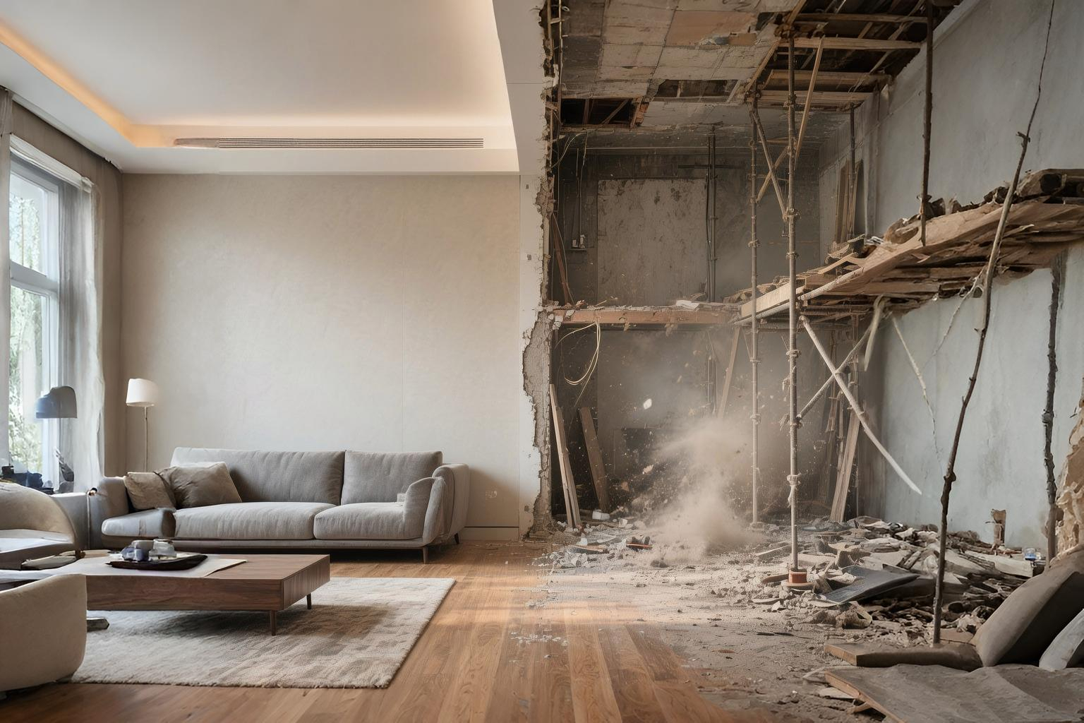 Renovation versus rebuilding comparison showing a modern renovated interior and a demolished construction site in Kuwait